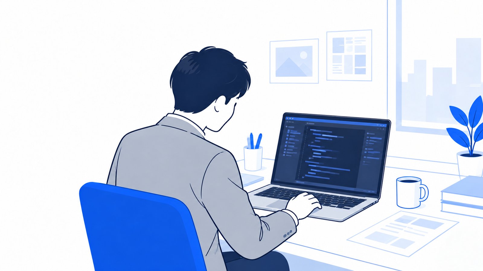 ノートPCでClaude Codeの画面を開き、これから作業を始める会社員