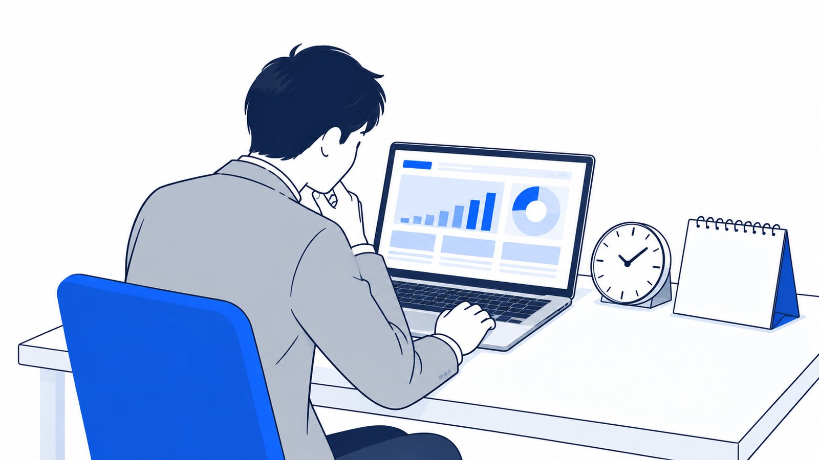 机の上の時計とカレンダーを見ながら、使用量の画面を確認する会社員