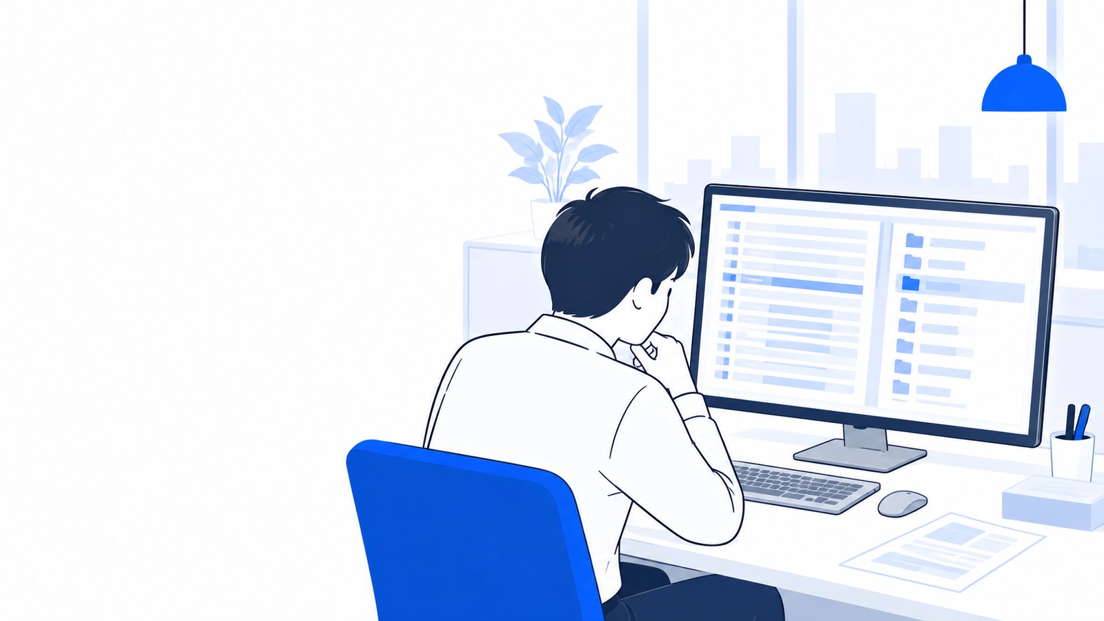 長いログとファイルの一覧が表示された画面を前に、作業の進め方を考える会社員