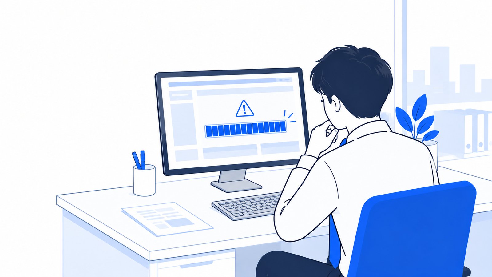 ターミナルに上限の表示が出た画面を見て、次の対応を考える会社員