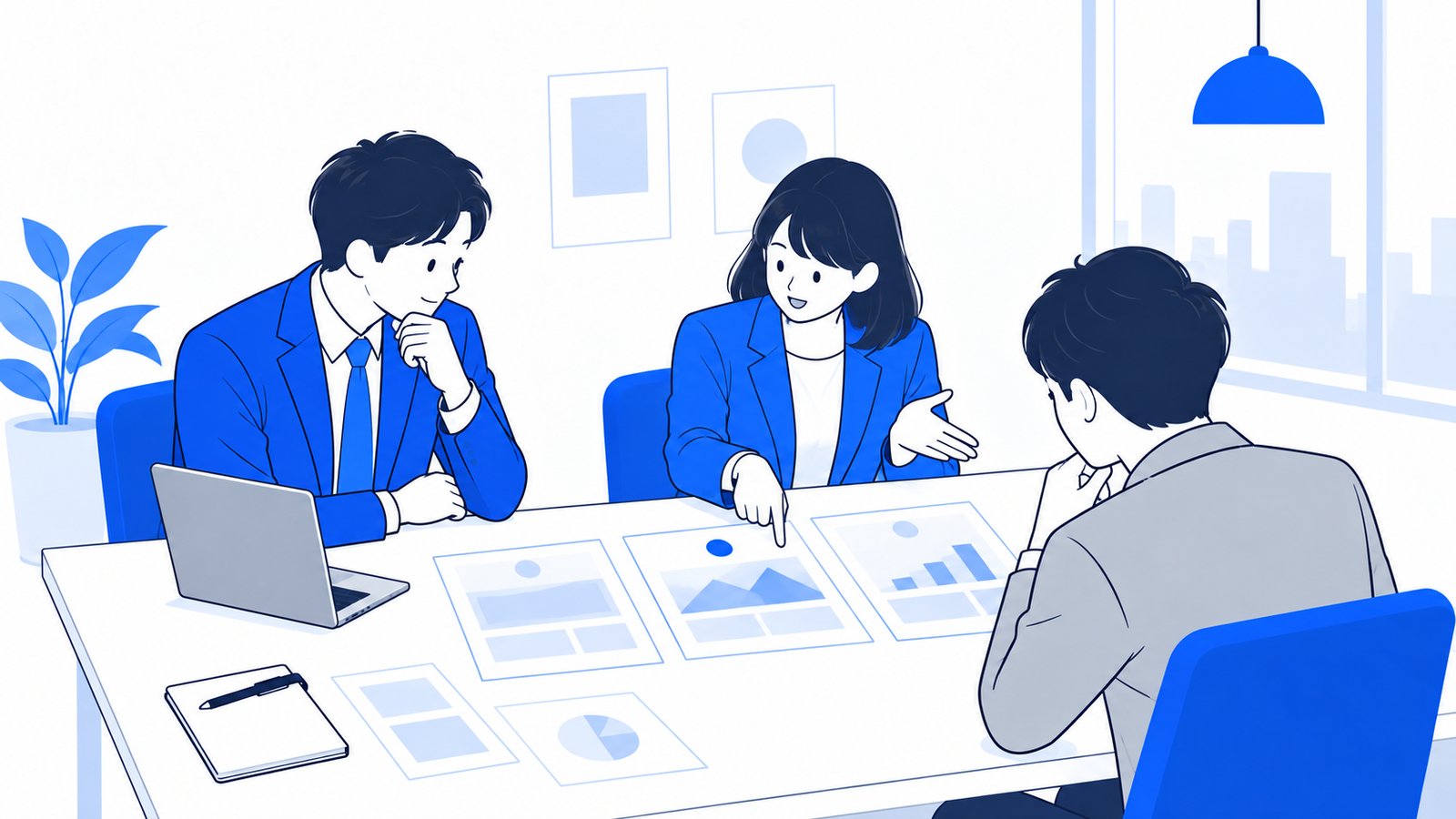 複数のプランを比べながら、どれにするかを相談する担当者たち