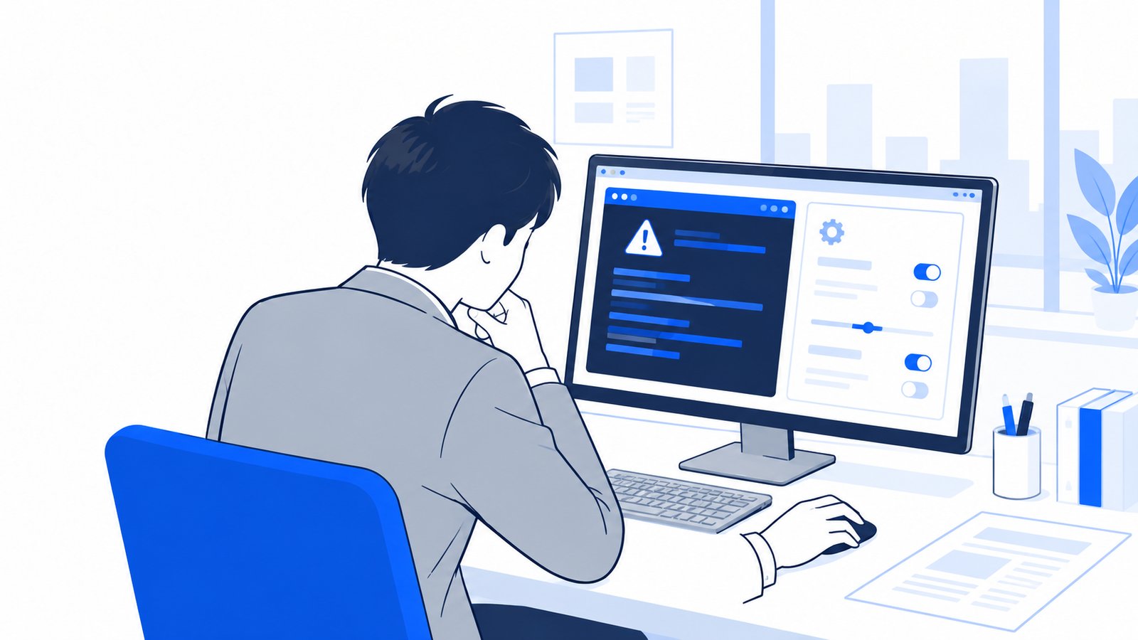 ターミナルのエラー表示を前に、設定の画面を確かめる会社員