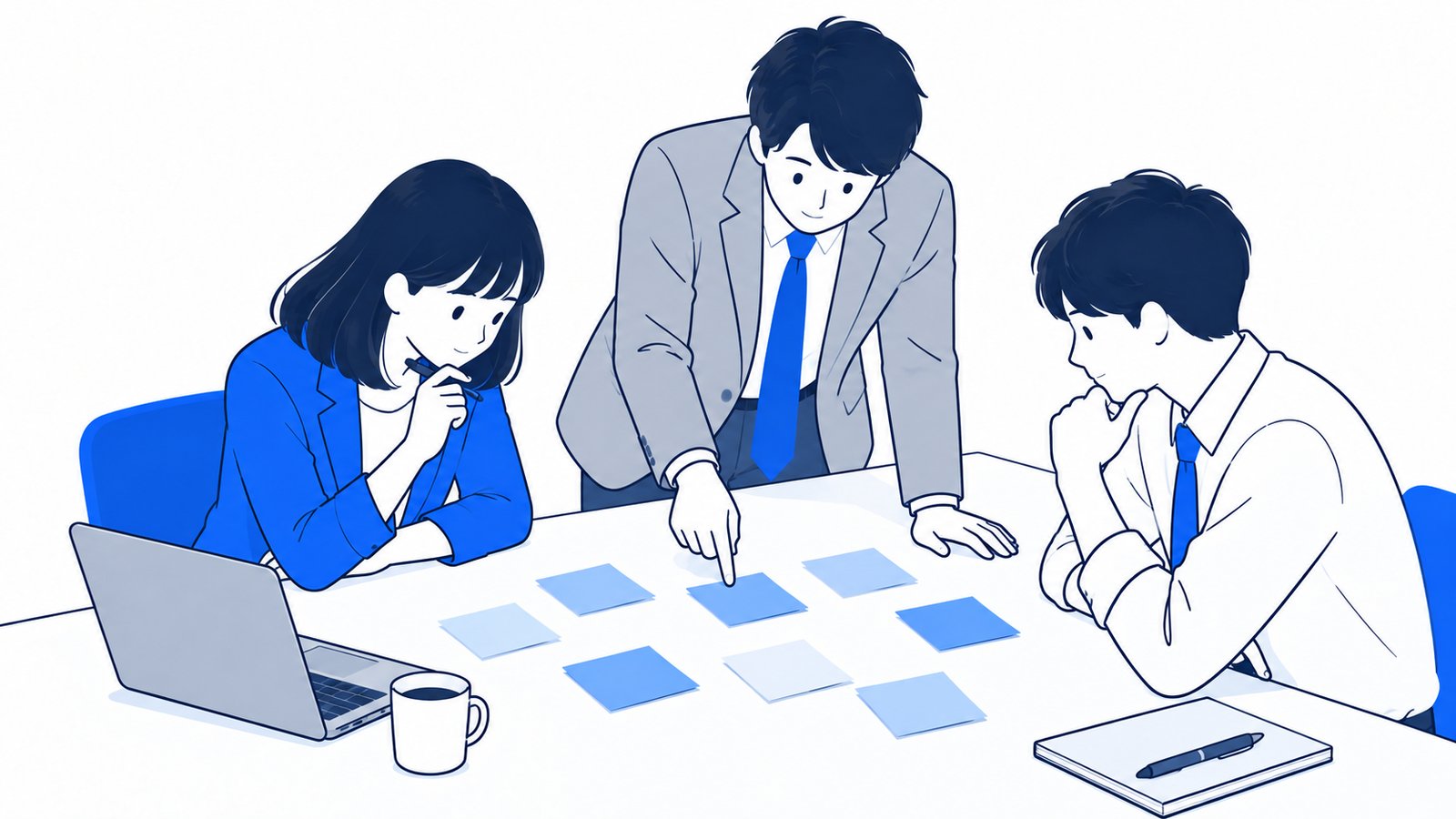 付箋に書いた起動方法を机に並べて、どれにするか選んでいる会社員