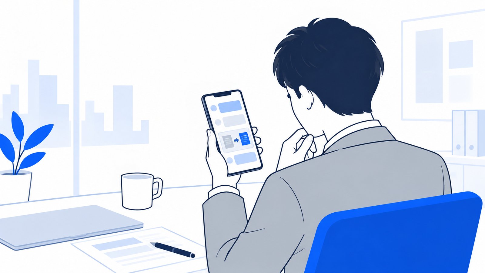 手に持ったスマホの画面を自分の方に向けて、会話と変更の内容を確かめる会社員