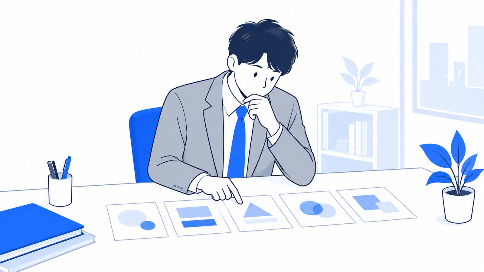 机に並べた複数のカードを見比べて、どの方法で進めるか考える会社員
