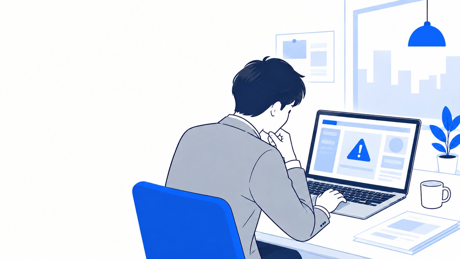 ノートPCに表示されたエラーのメッセージを読みながら、原因を調べる会社員