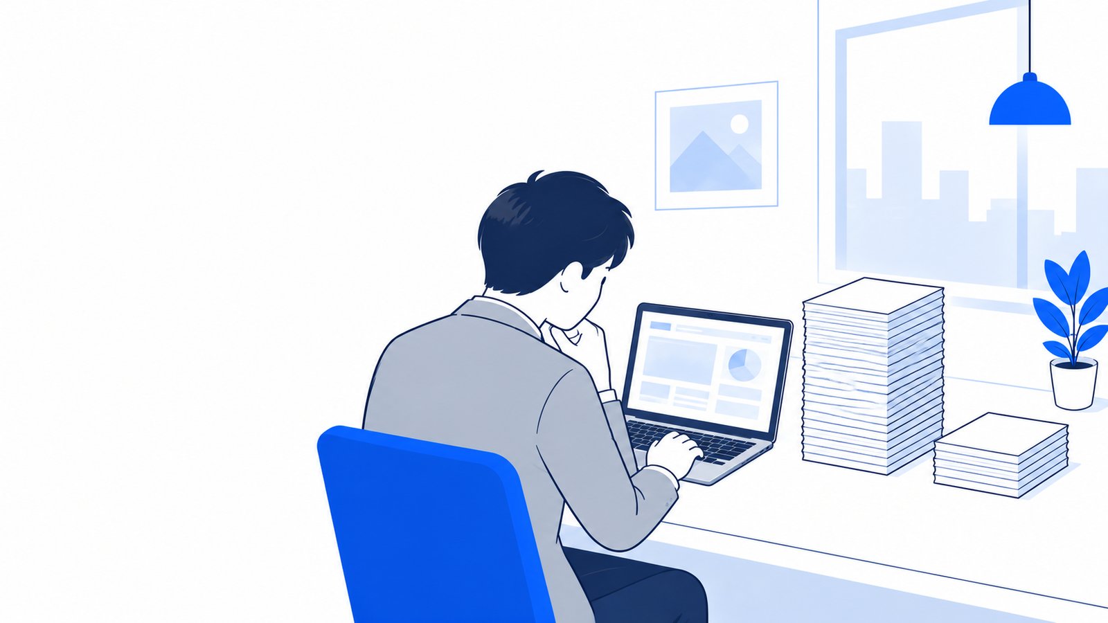 ノートPCの前で、会話の長さを示す積み上がった書類を見比べる会社員