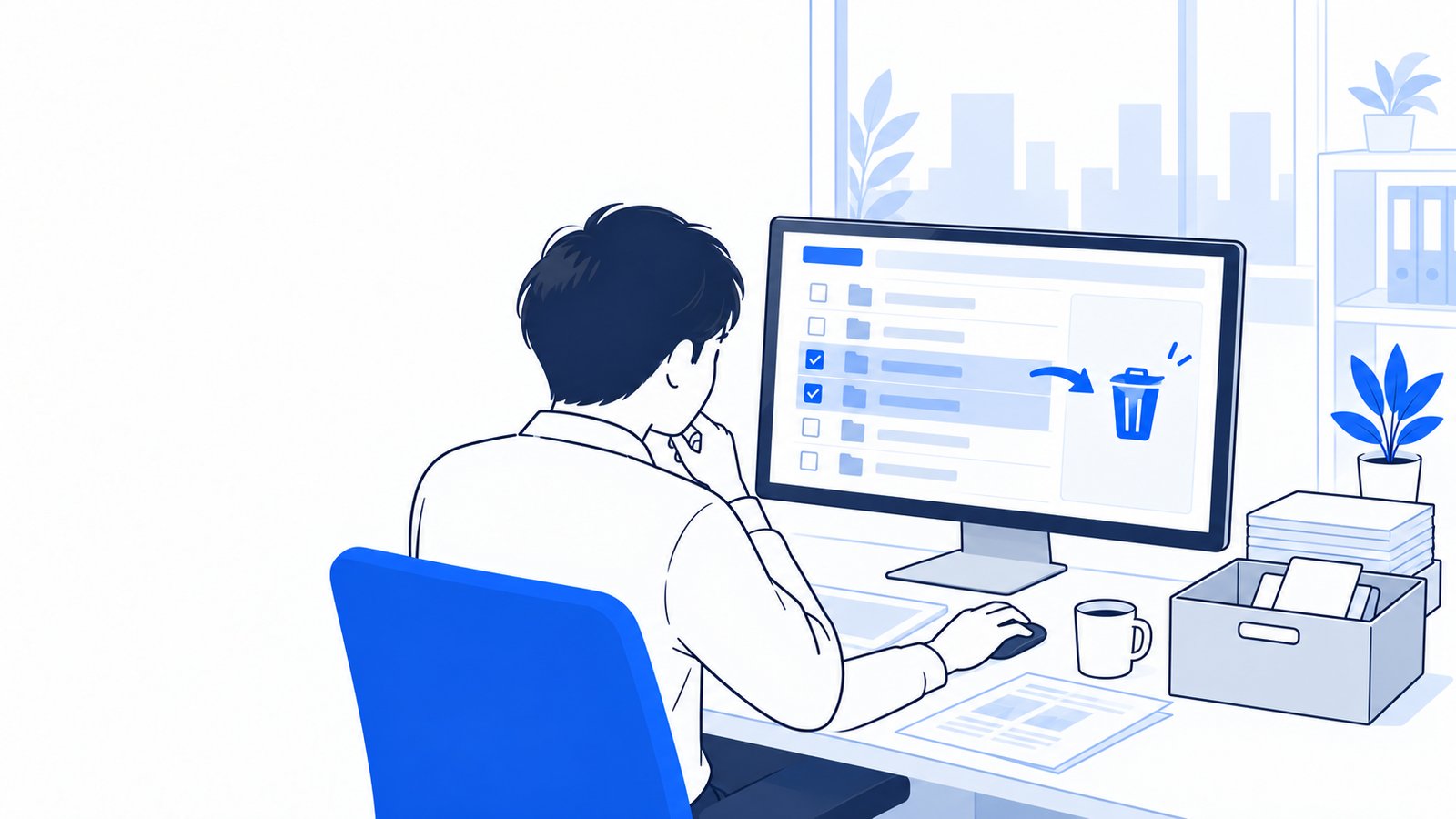読み込まれる項目の一覧画面を見ながら、不要なものを整理する会社員