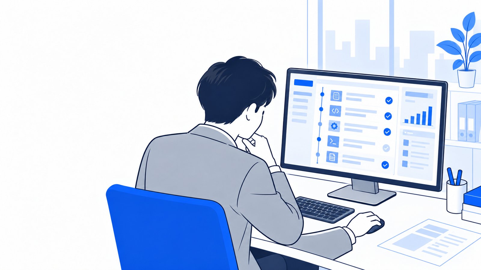 情報システム担当者が、パソコンに表示されたClaude Codeの操作記録を確認している