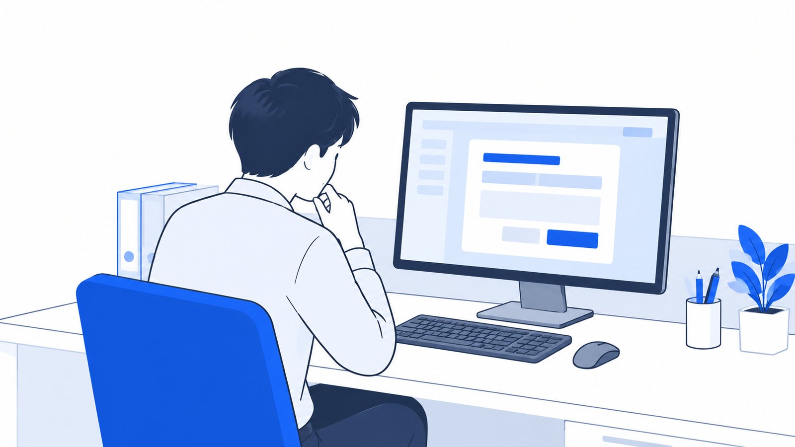 確認の画面に表示されたコマンドの内容を読んで、承認する前に考えている会社員