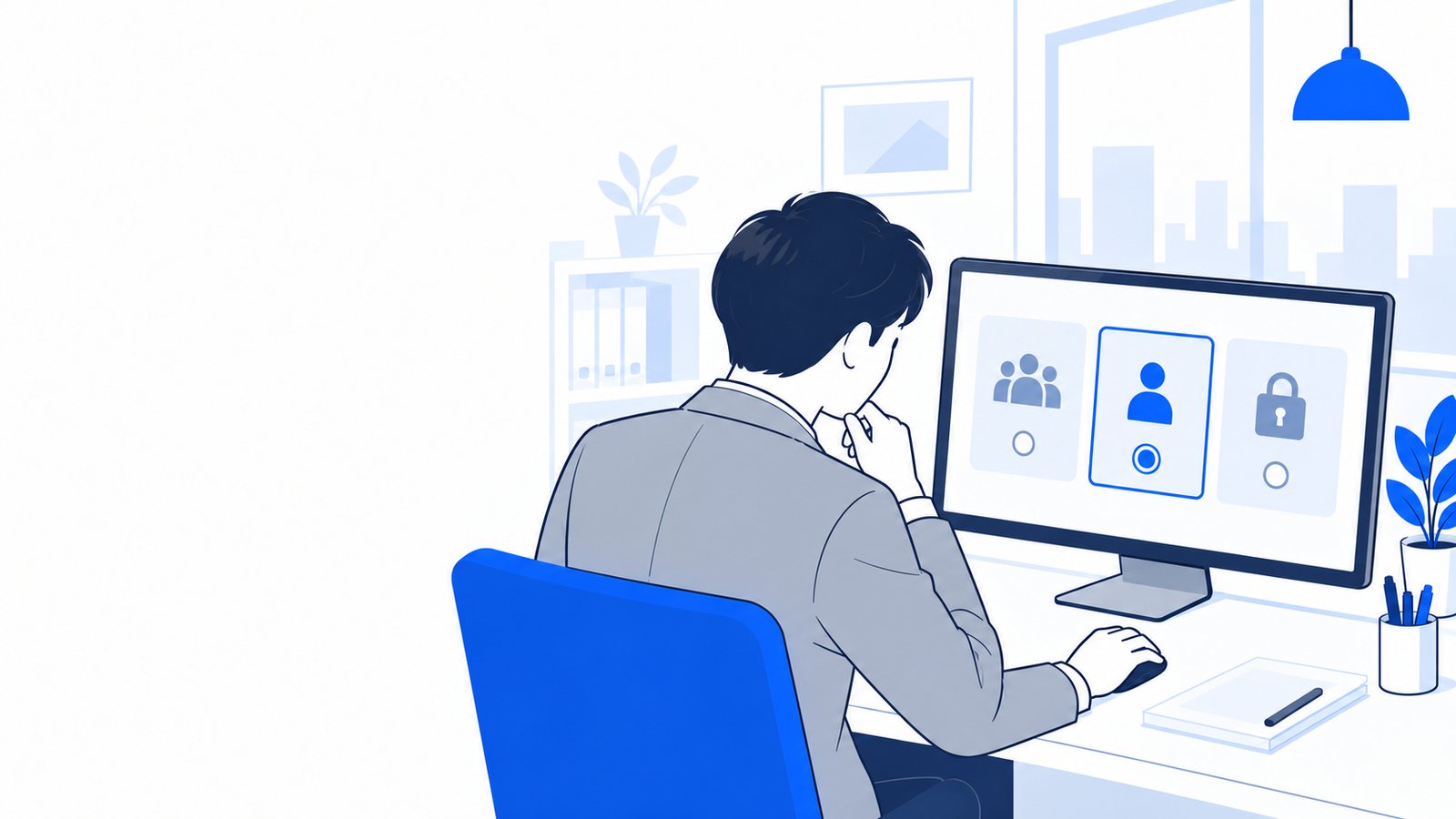 会社員がパソコンの権限モードの切り替え画面を見ながら、使うモードを選んでいる