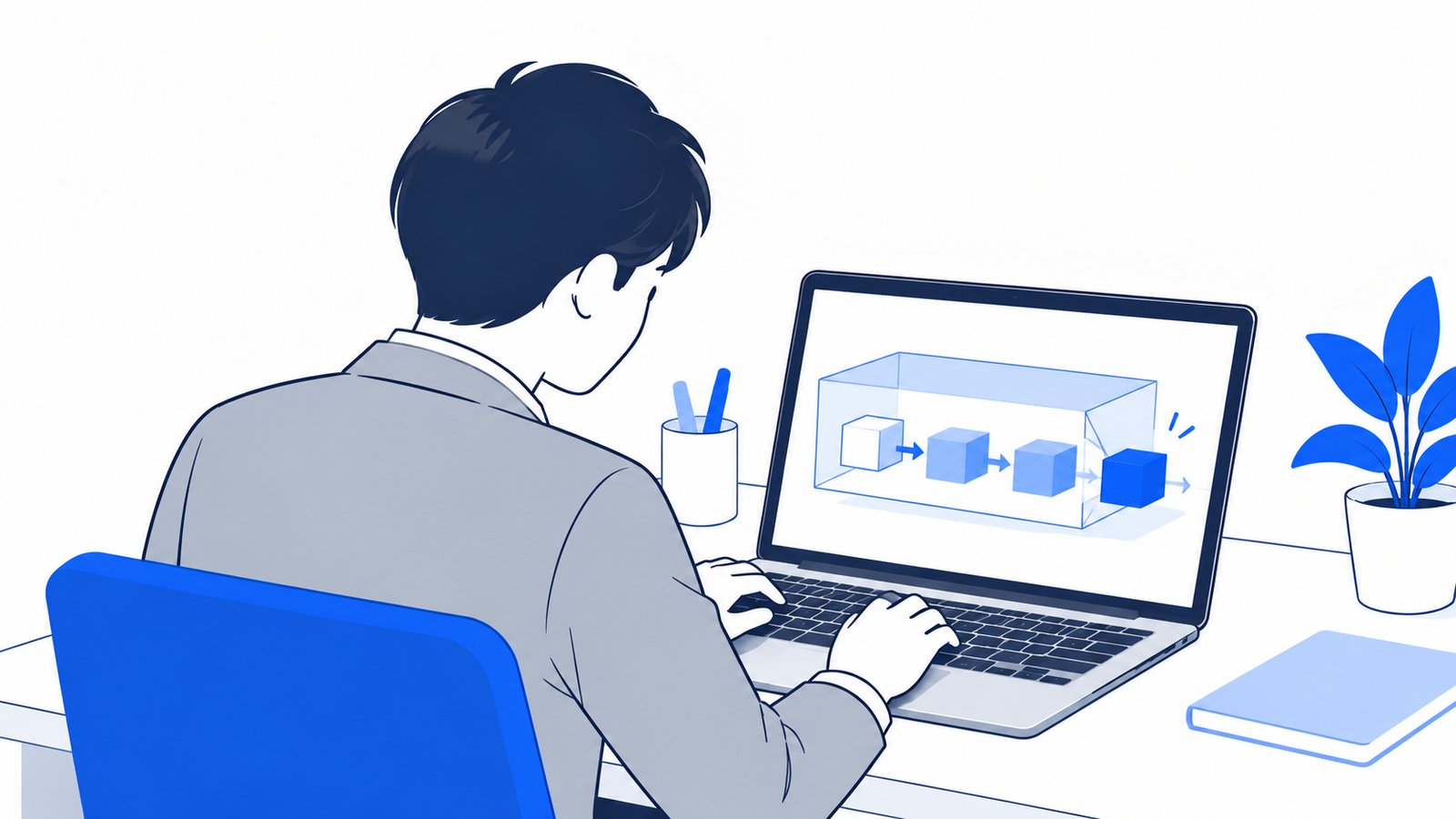箱の中で作業が動いているようすを示した図を、担当者がパソコンで見ている