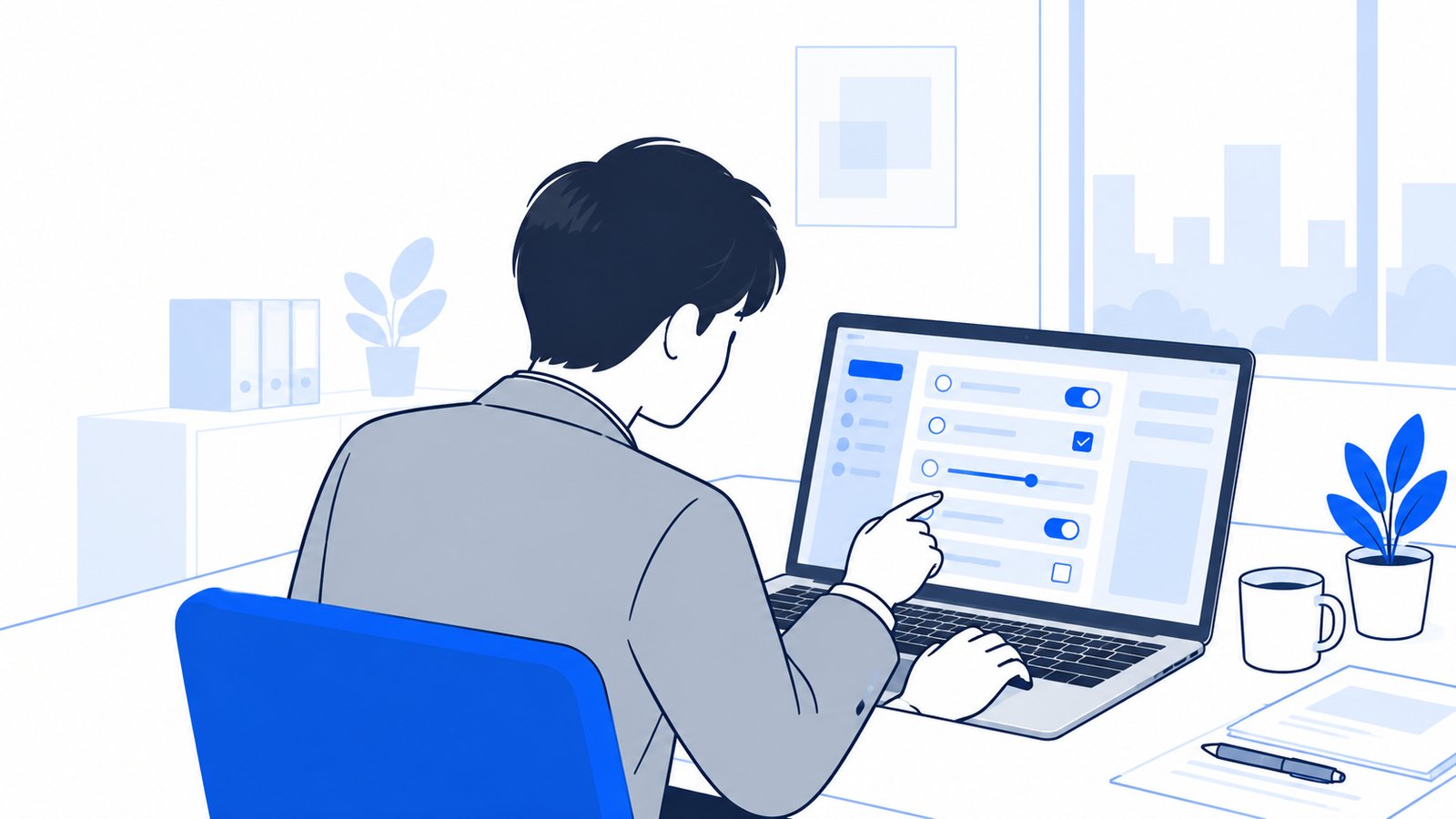 ノートPCで設定ファイルを開き、項目を確認しながら書き換えている会社員