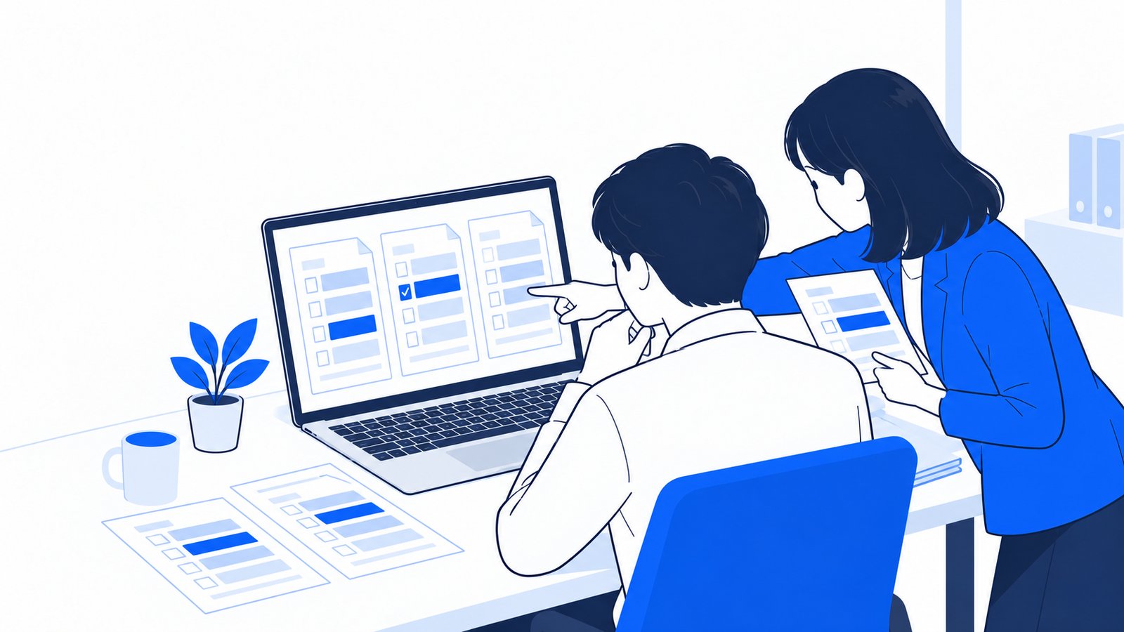 複数の設定ファイルの内容を見比べて、どの値が使われるかを確認している会社員