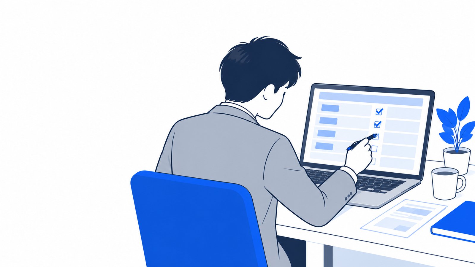 設定項目の一覧表を見ながら、必要なものに印をつけている会社員