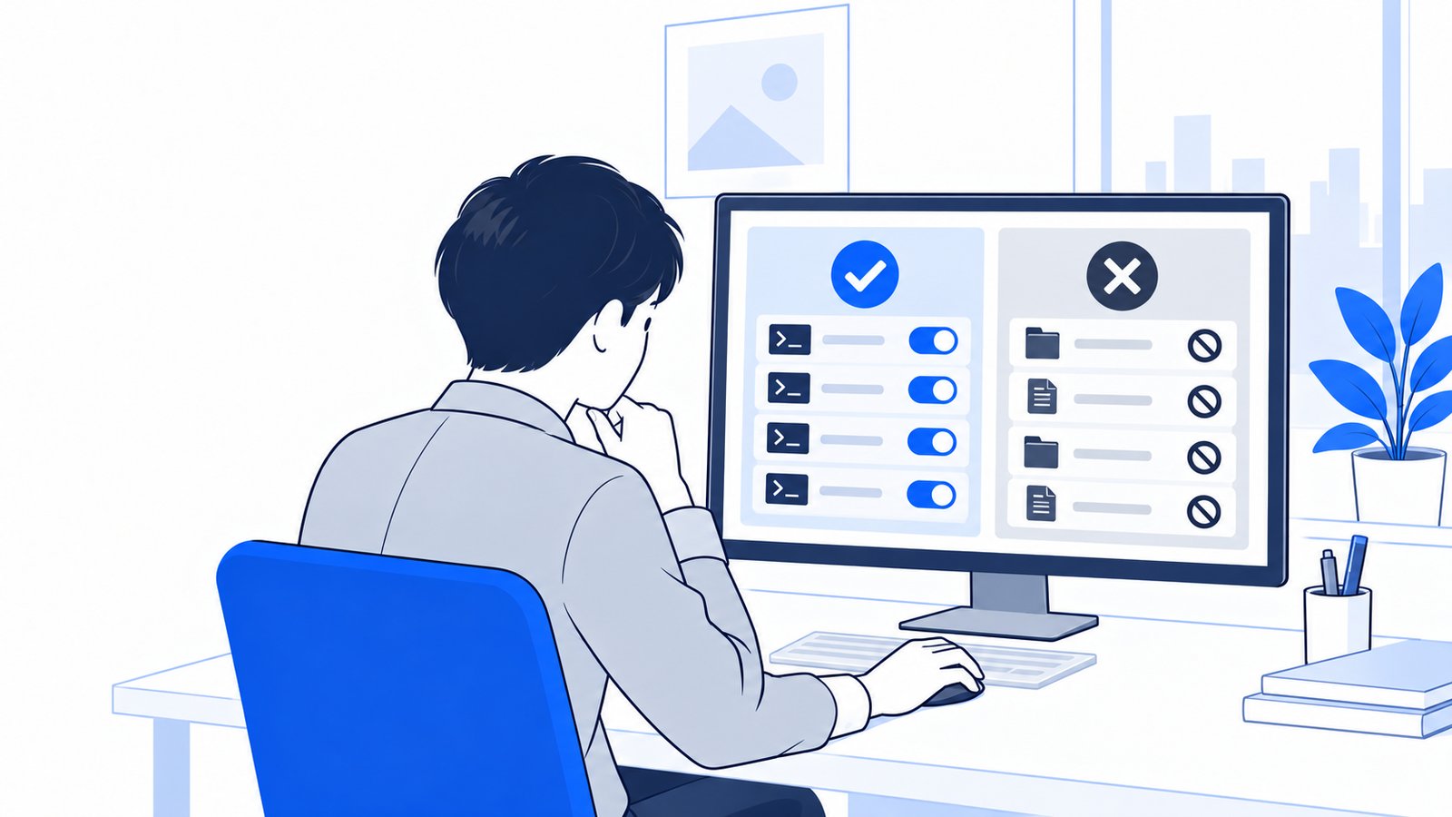 許可するコマンドと拒否するファイルの一覧を見ながら、権限の設定を決めている会社員