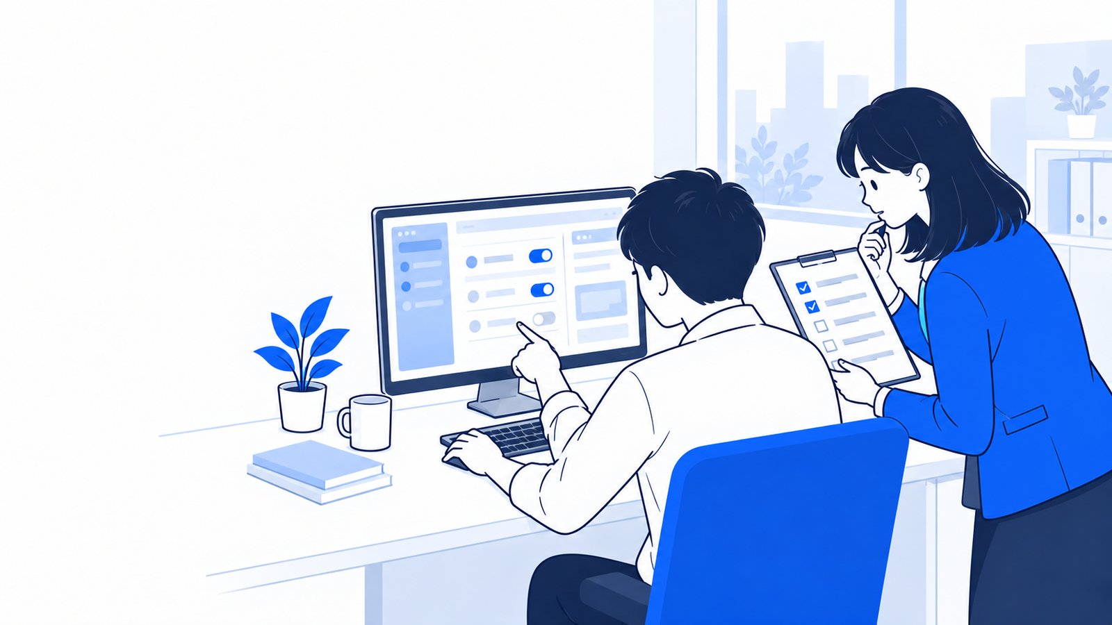 設定が効かない原因を確認画面で調べている会社員と、チェックリスト