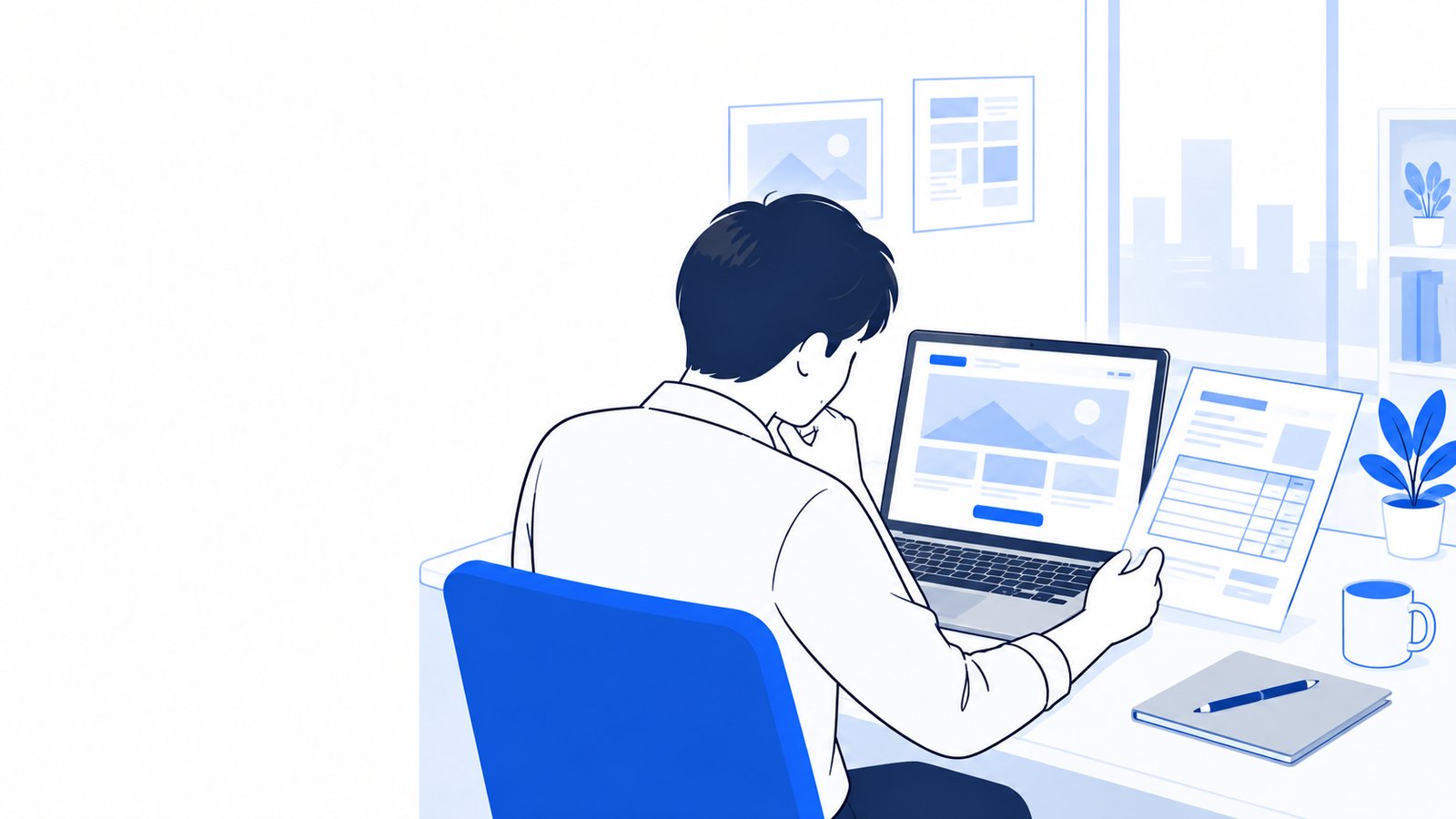 机でノートPCを開き、完成したWebページの画面と見積書を見比べる人