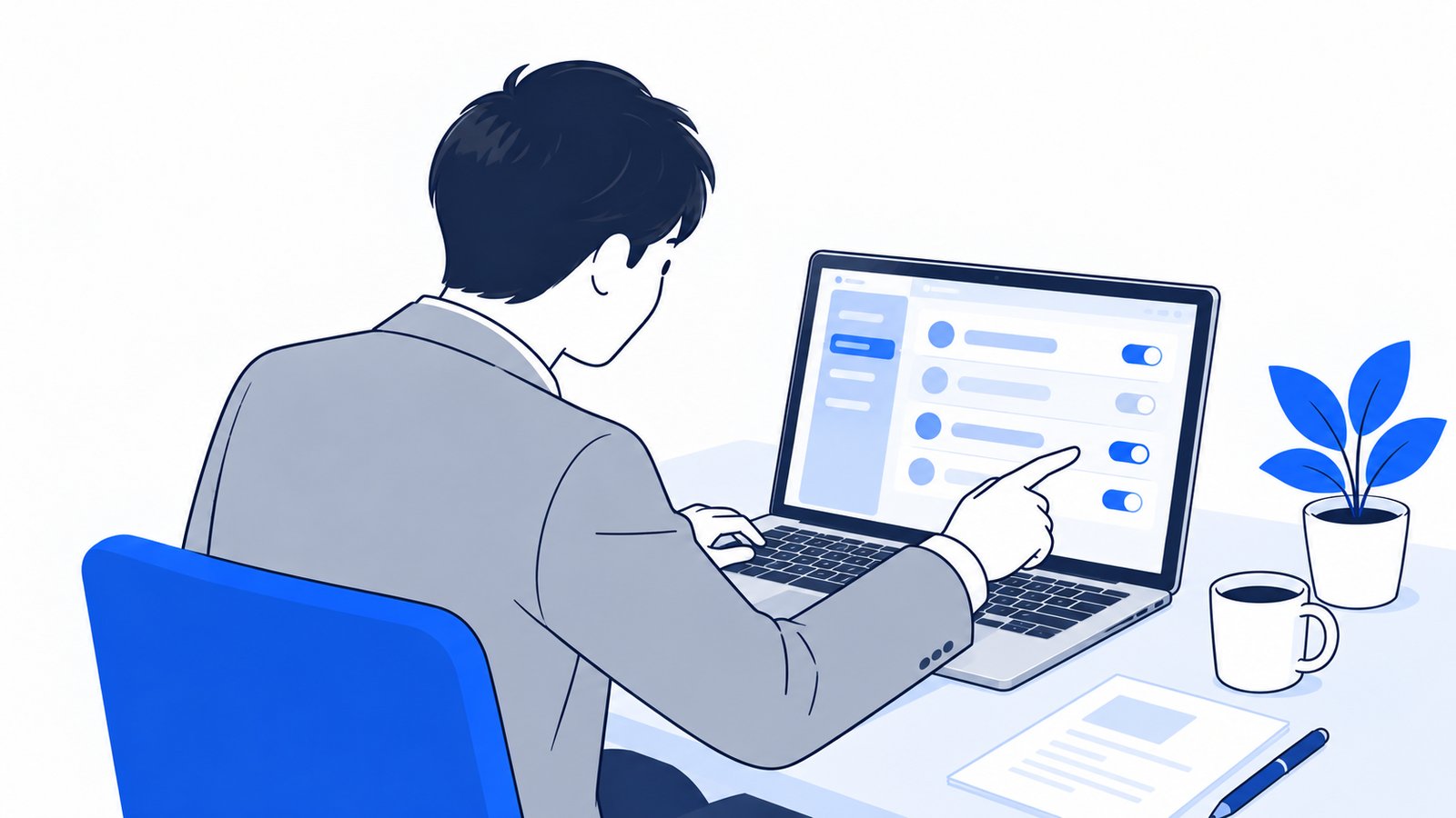 ノートPCの設定画面で、データの扱いの項目を指で追いながら確認する人