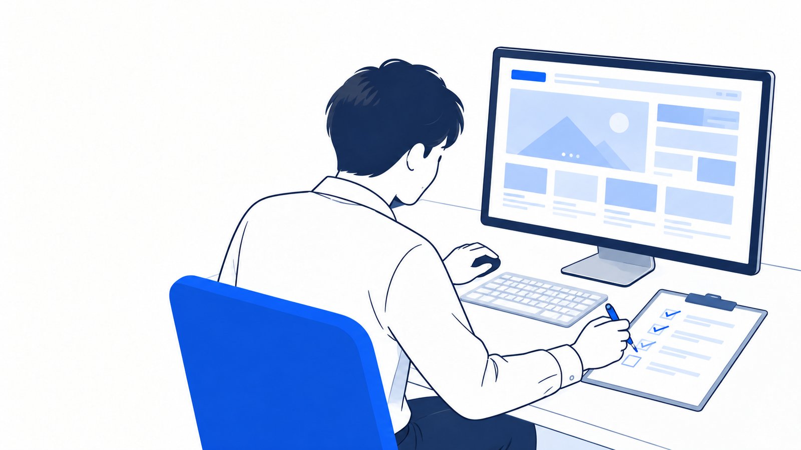 納品前のWebページを画面で確認し、チェックリストに印を付ける人