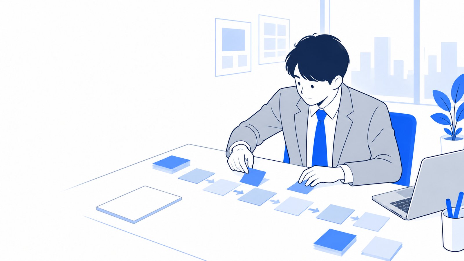 付箋に作業の手順を書き出して、机の上に並べている担当者