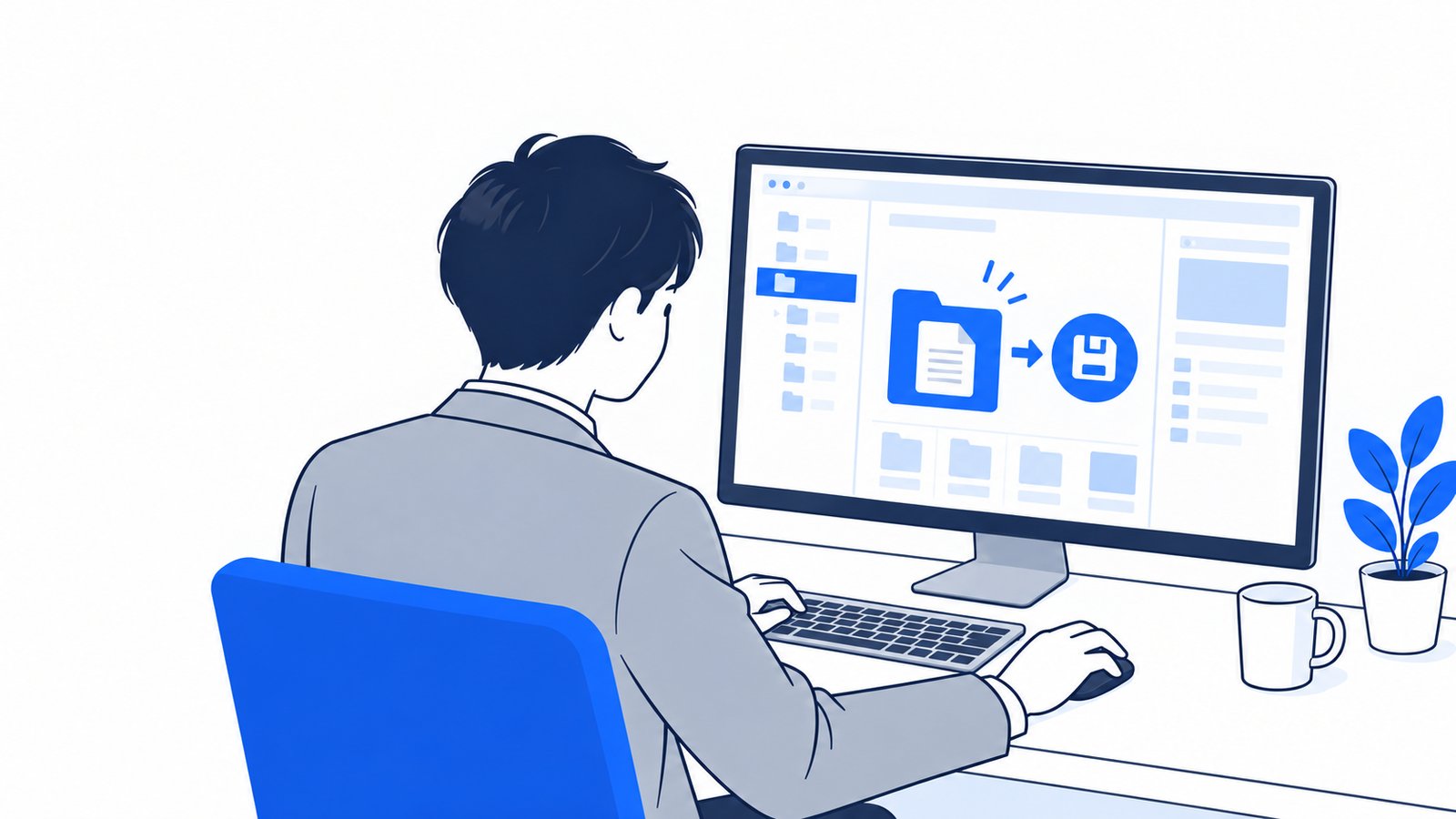 机でパソコンに向かい、スキルのフォルダを作ってSKILL.mdを保存している人を肩越しに見た場面