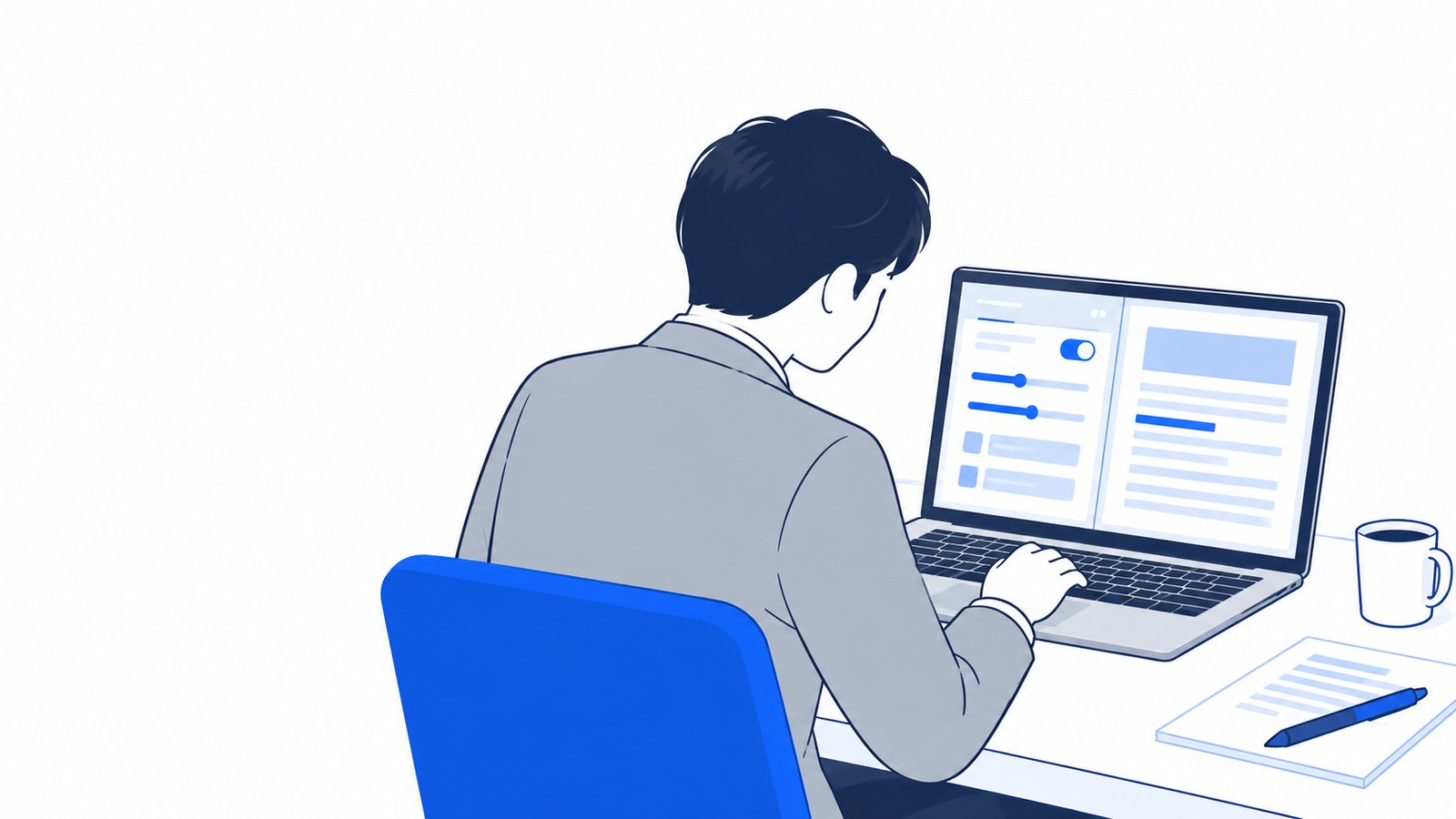 ノートPCに表示した設定部分と本文を見比べながら、書き方を直している担当者