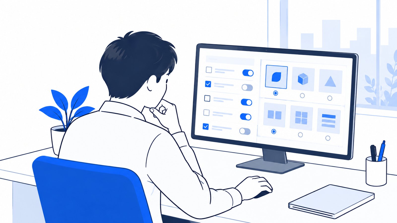 PCに表示した設定項目の一覧を見ながら、どれを組み合わせるか考えている担当者