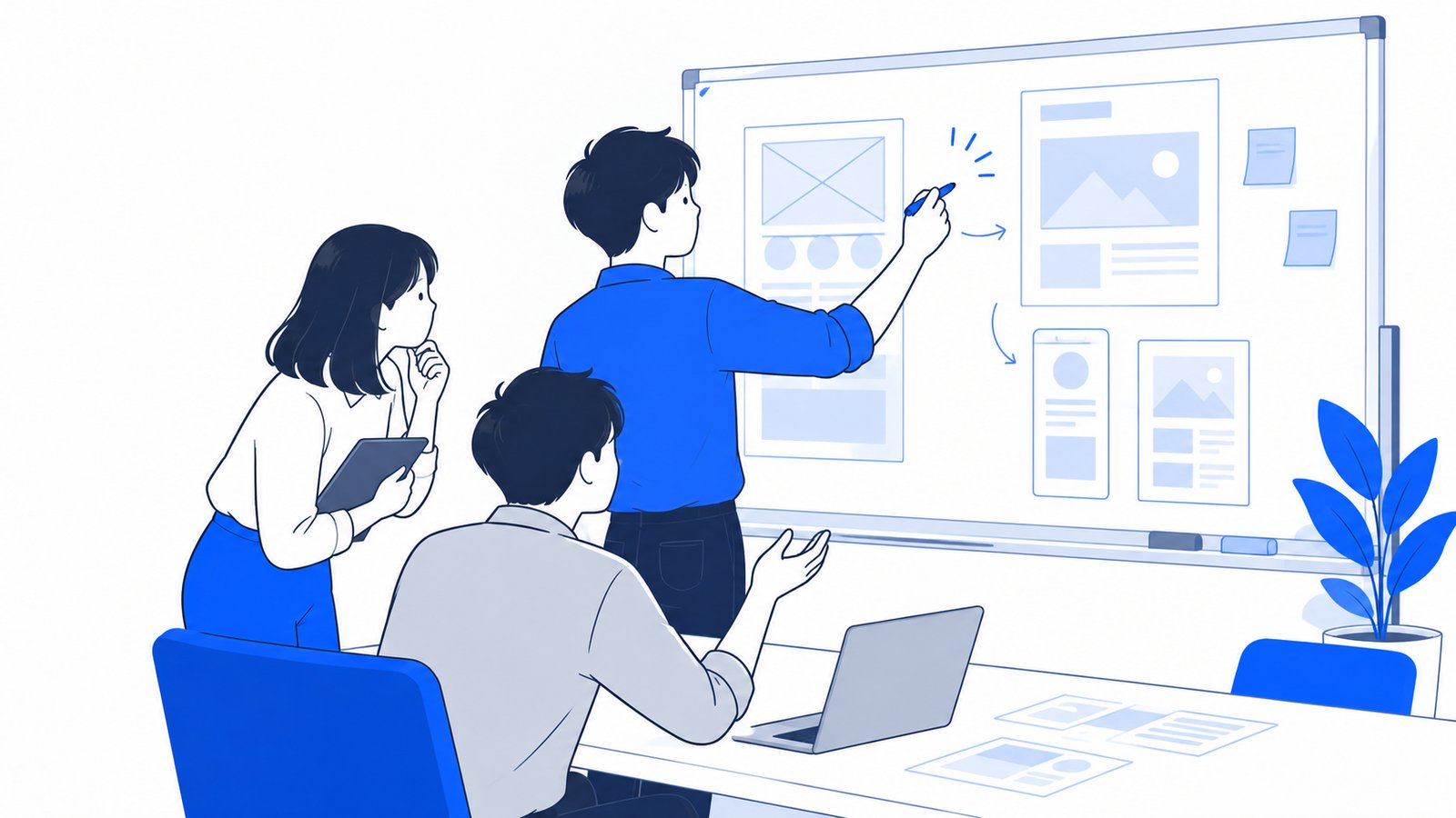 ホワイトボードの前で、画面の見た目の案を描きながら話し合う制作担当