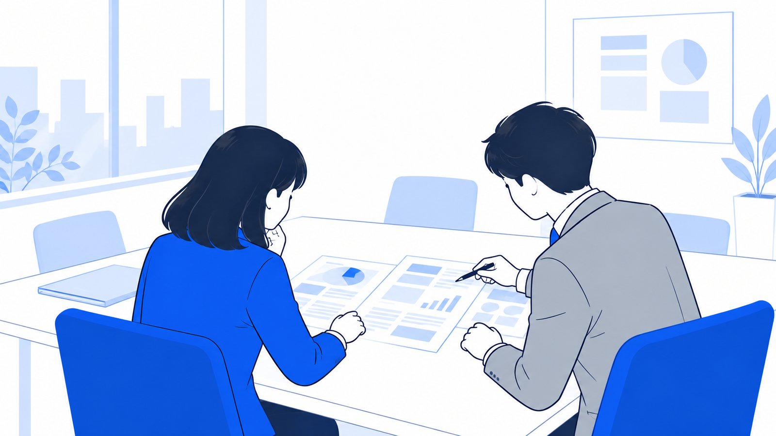 会議室で、スキルの中身を印刷した紙を読みながら確認する担当者と上司