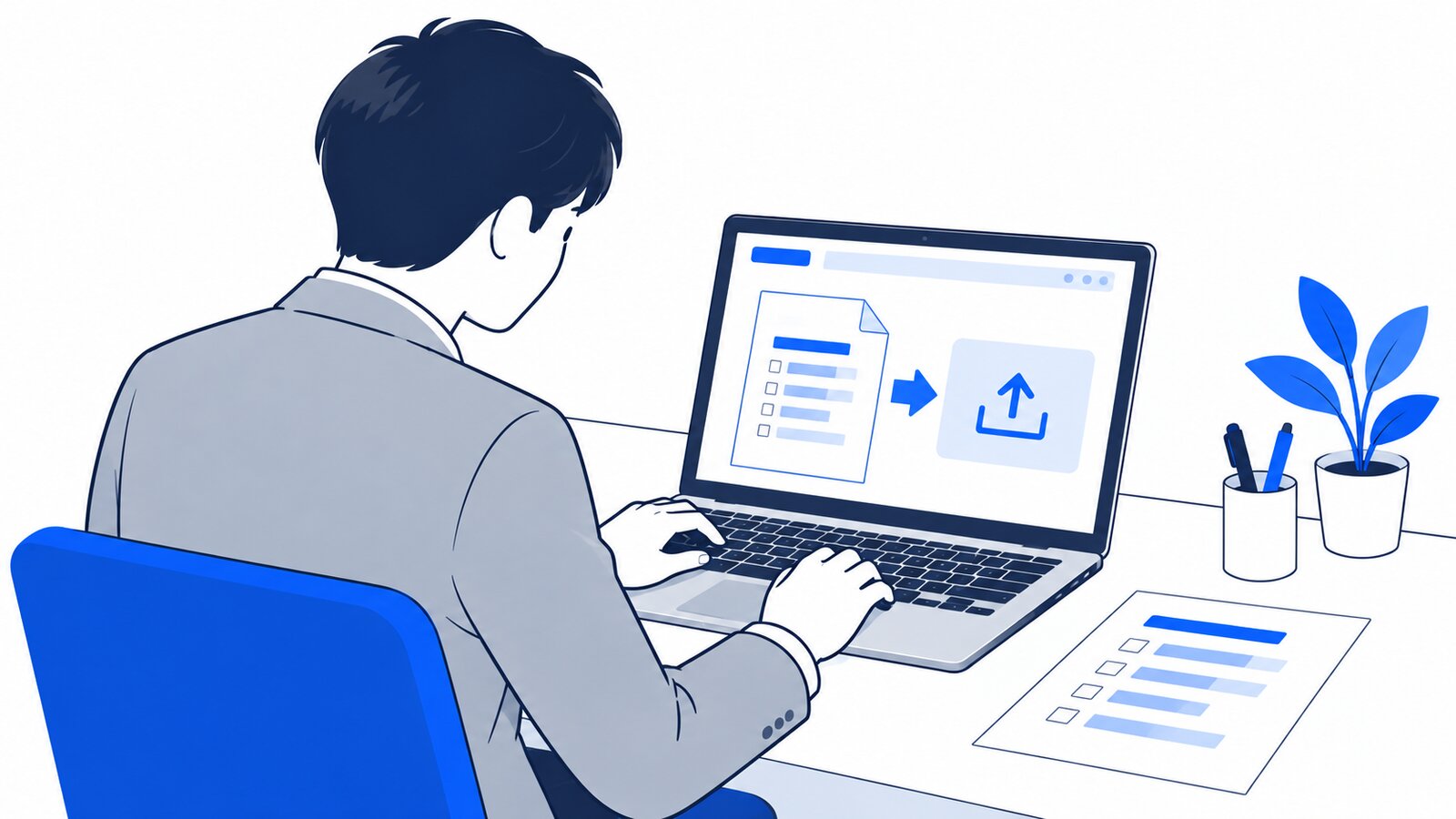 会社員がノートPCで作業手順をまとめたメモをAIに読み込ませている様子を肩越しに見た場面