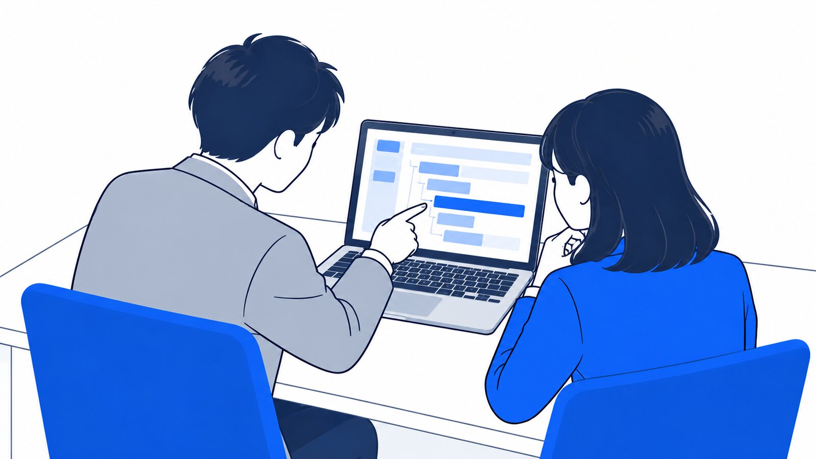 担当者がノートPCで設定ファイルを見ながら、隣の同僚に項目の意味を説明している場面