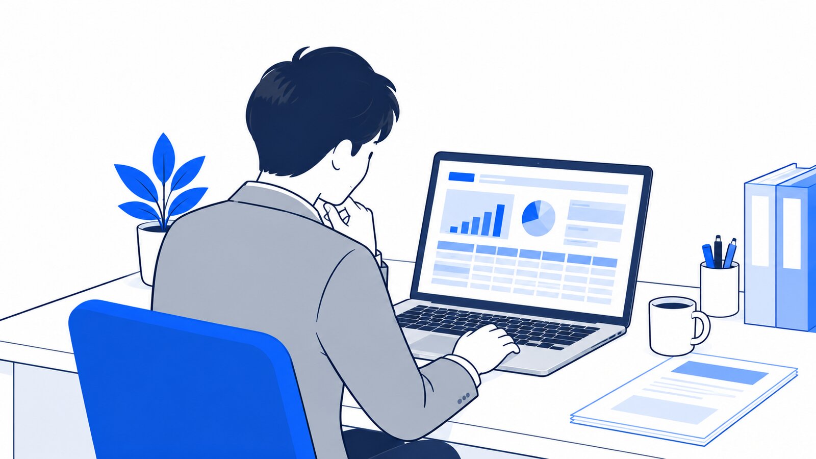事務担当がノートPCで、型どおりに整った報告書のできあがりを確認している場面