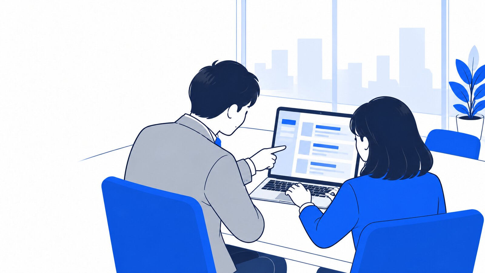 会議室で社員が上司と一緒に、ノートPCに表示した他社公開のスキルの中身を確認している場面