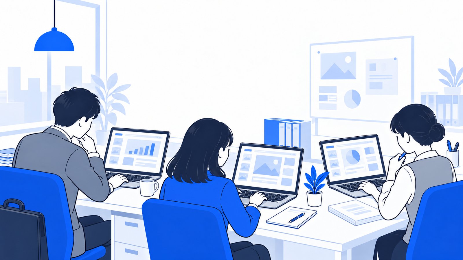営業・経理・総務の会社員が、それぞれPCでスライドの案を確認している様子