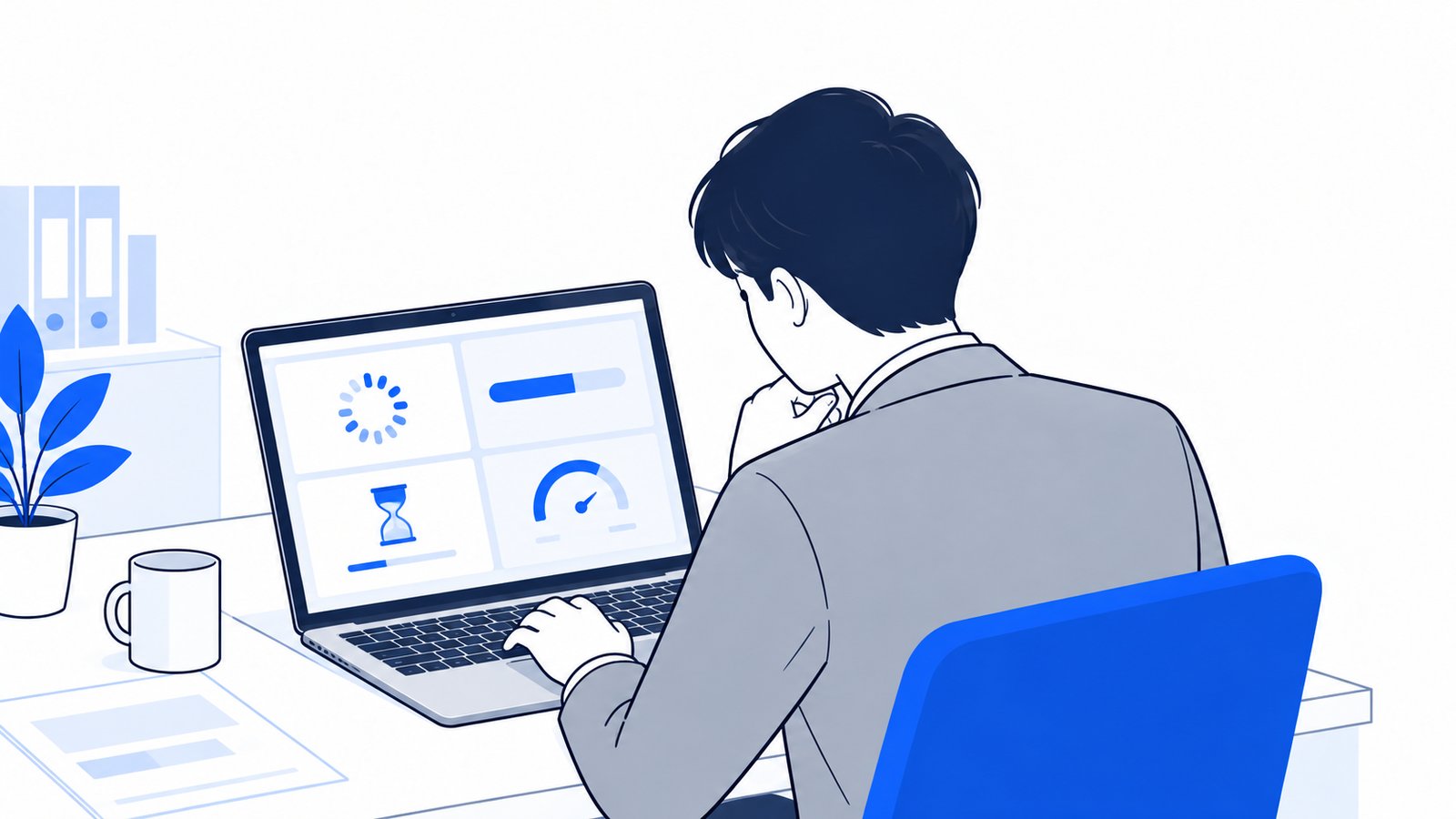 ノートPCの画面を見ながら、遅さの種類を見分けようとしている会社員