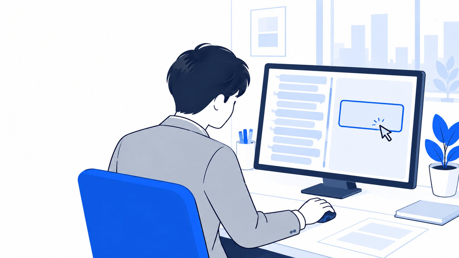 長く積み上がった会話の記録を前に、新しい会話を始め直す操作をしている会社員