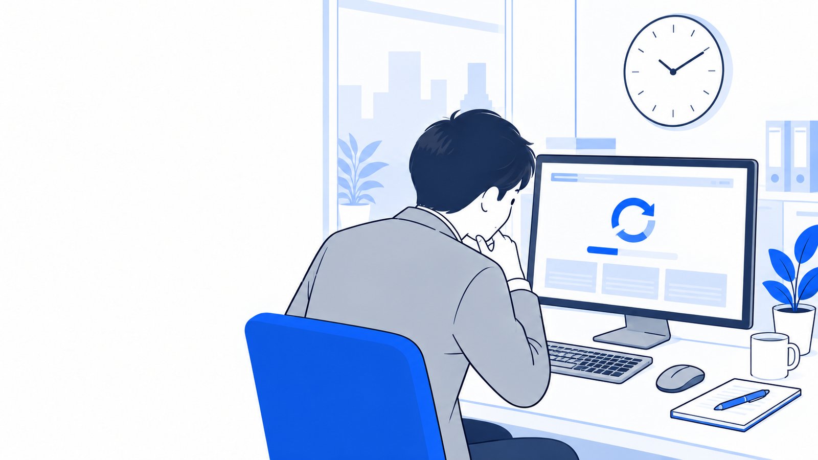 再試行の表示が出たPCの画面を見ながら、サービスの状況を調べる会社員と時計