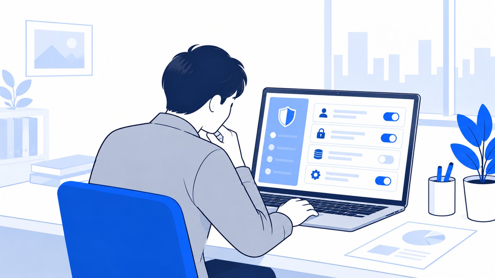 Claude Codeの設定画面を開いて、データの扱いを確認する担当者