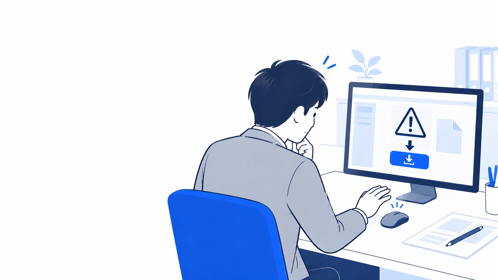 警告の表示を見て、ダウンロードの前に手を止める会社員