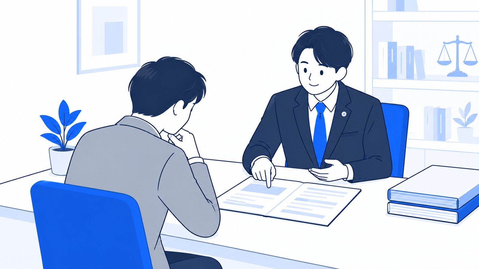 弁護士の事務所で、契約書を前に相談する担当者
