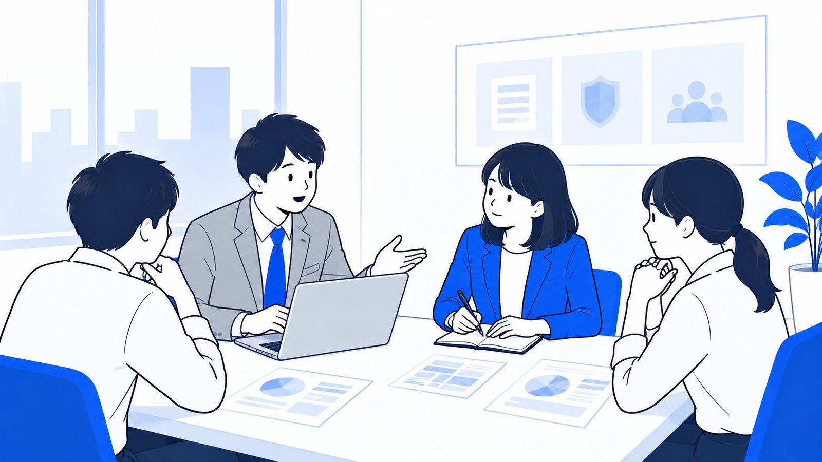 会議室で、AIツールの使い方のルールを話し合う社内のメンバー