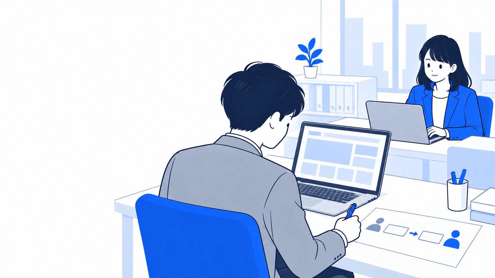 ノートPCに向かい、調査を別の担当に任せる流れをメモに書いて整理する開発担当者