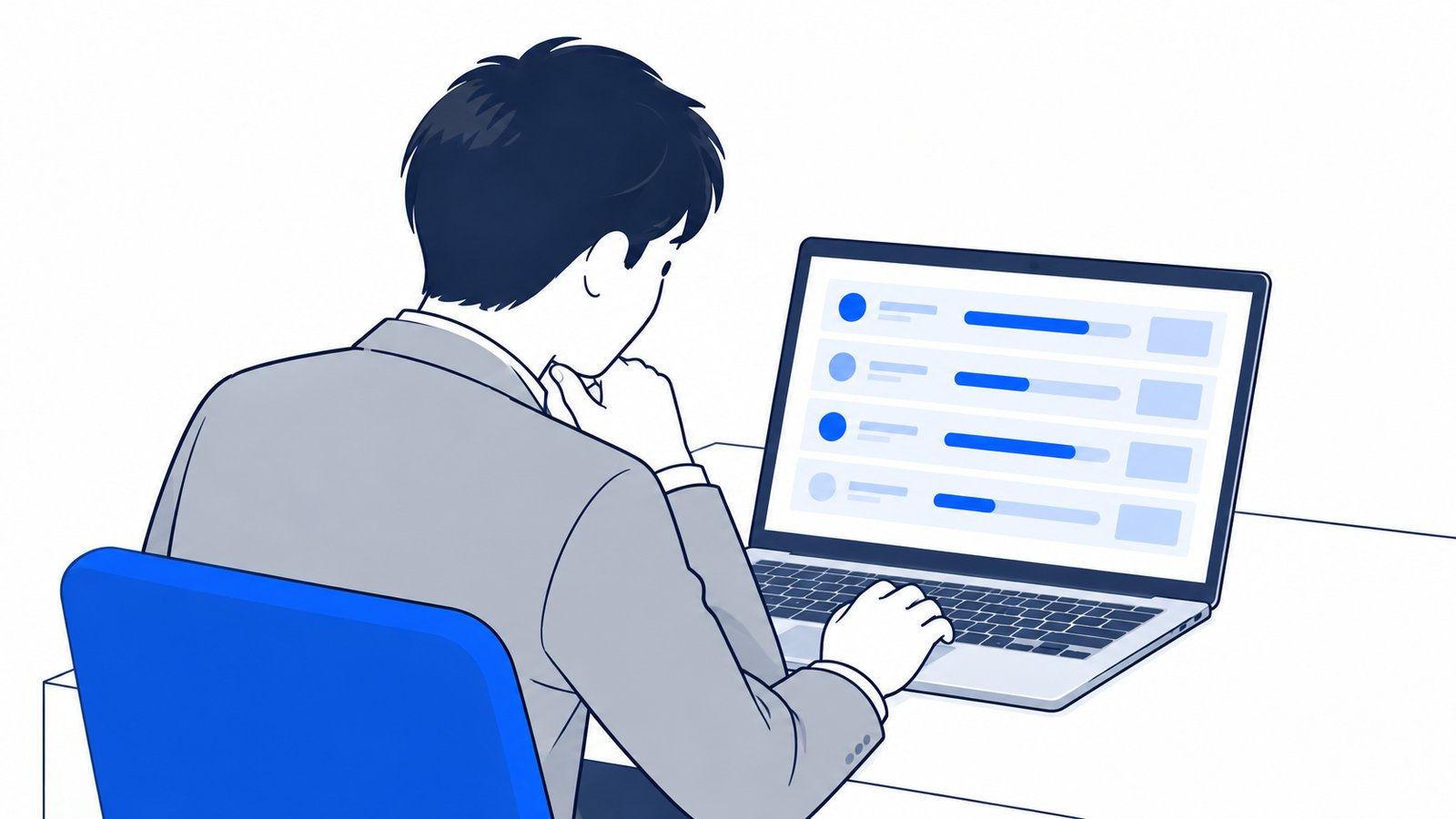 ノートPCの画面を肩越しに見ながら、サブエージェントの進み具合を確認する人
