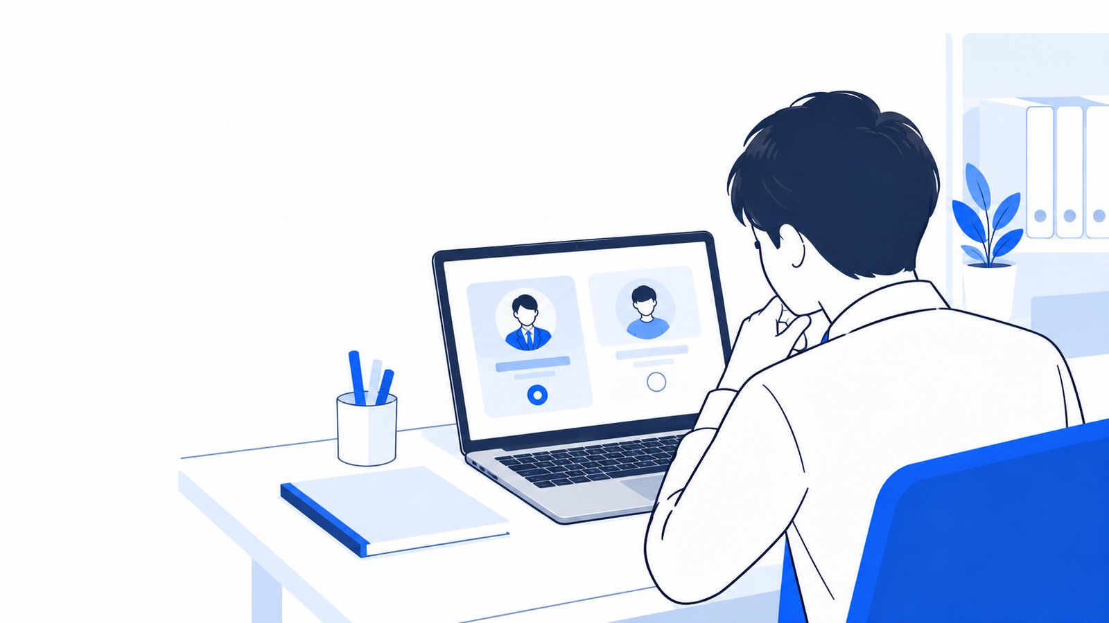 仕事用と個人用の2つのアカウントを前に、どちらで入るかを考えるノートPCの前の会社員