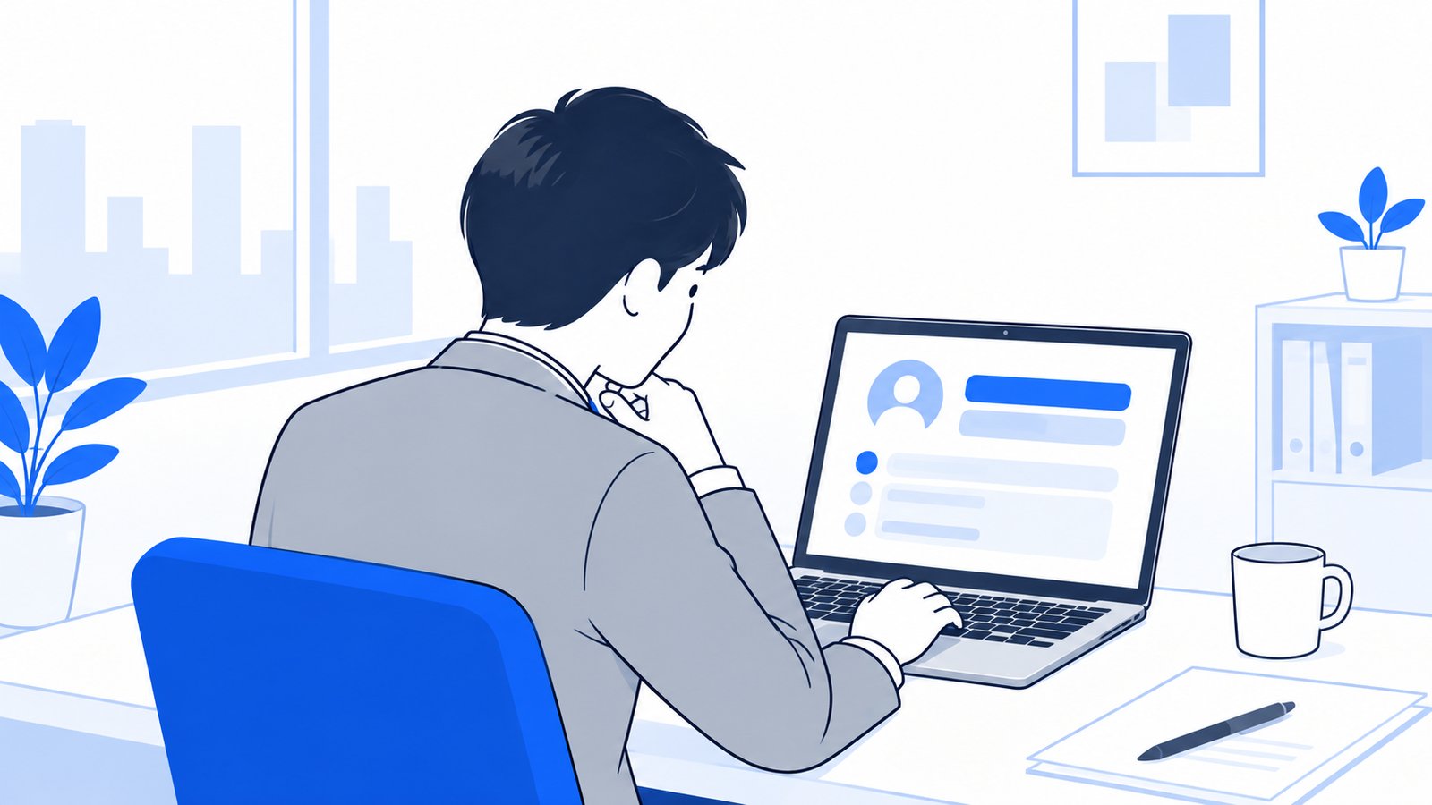ステータス画面でログイン中のアカウントを確かめるノートPCの前の会社員