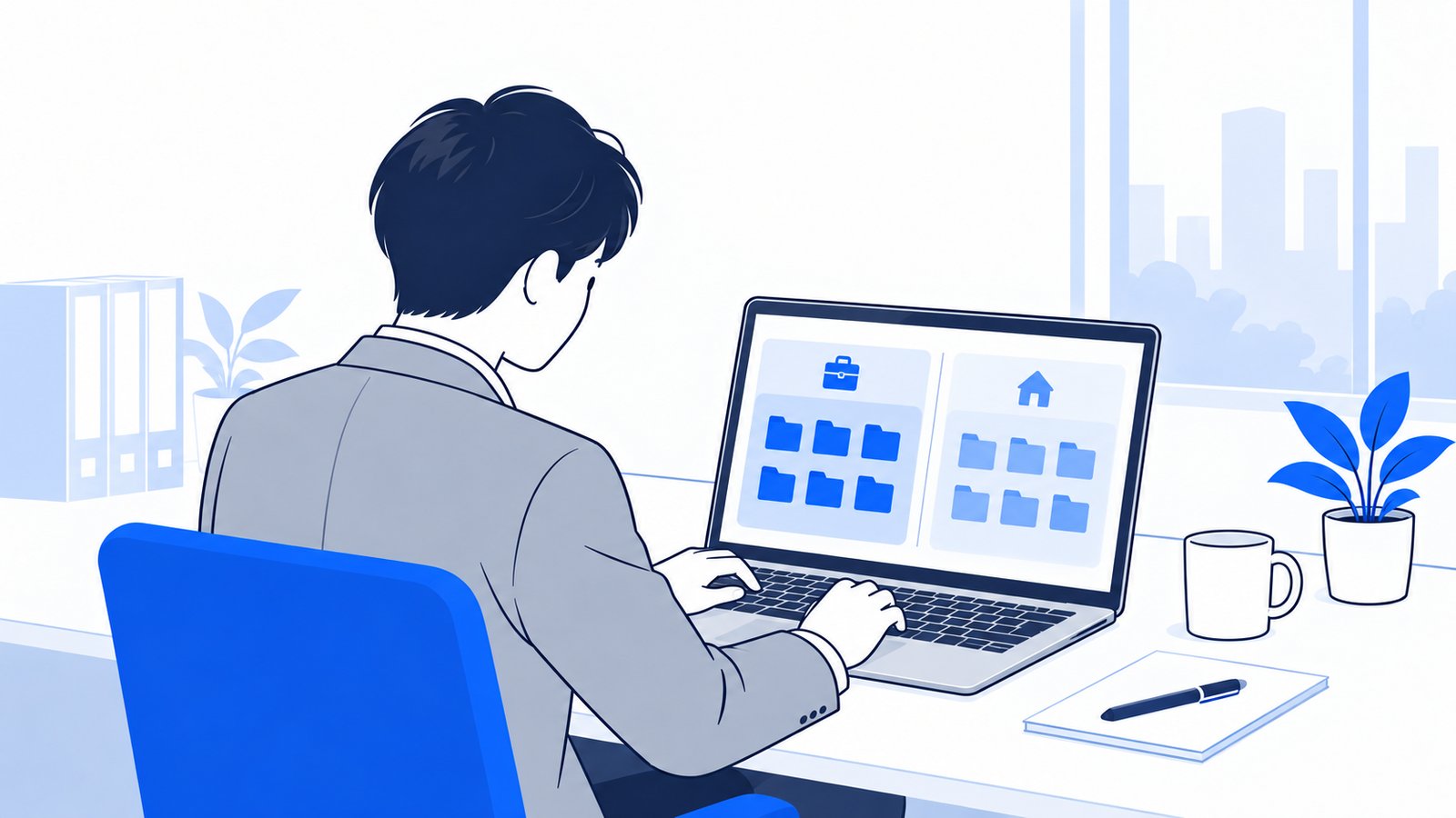 仕事用と個人用のフォルダを分けて、パソコンで管理している会社員