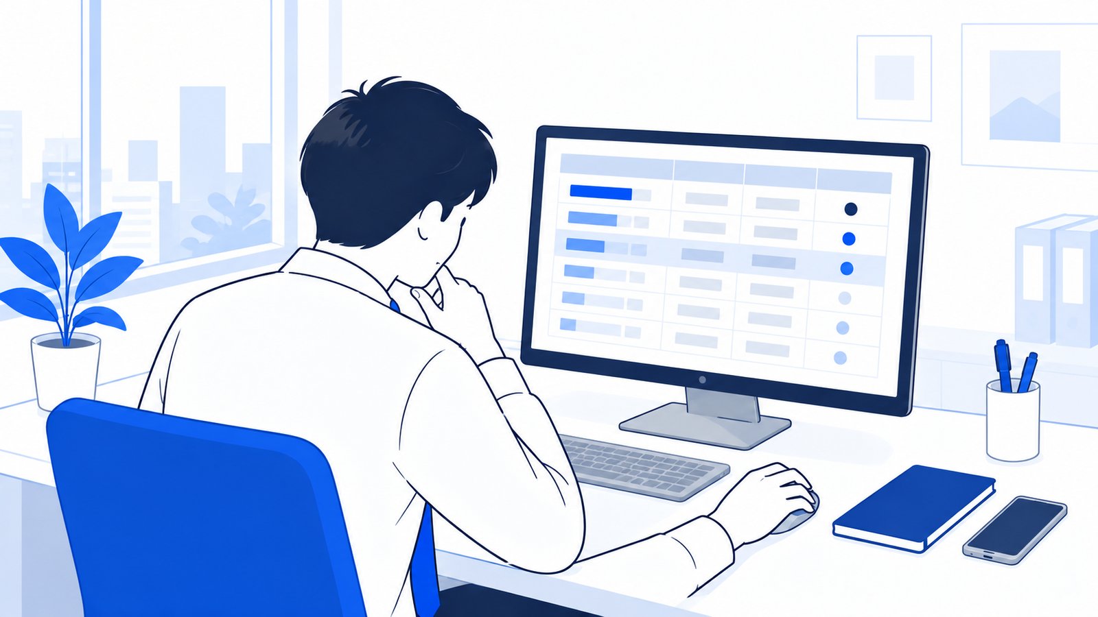 認証の優先順位の表を見て、切り替わらない原因を調べる会社員