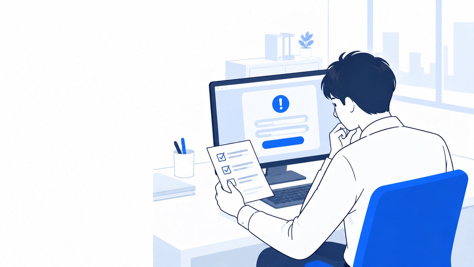 ログインのエラー表示を前に、対処法のメモを見ながら原因を探す会社員