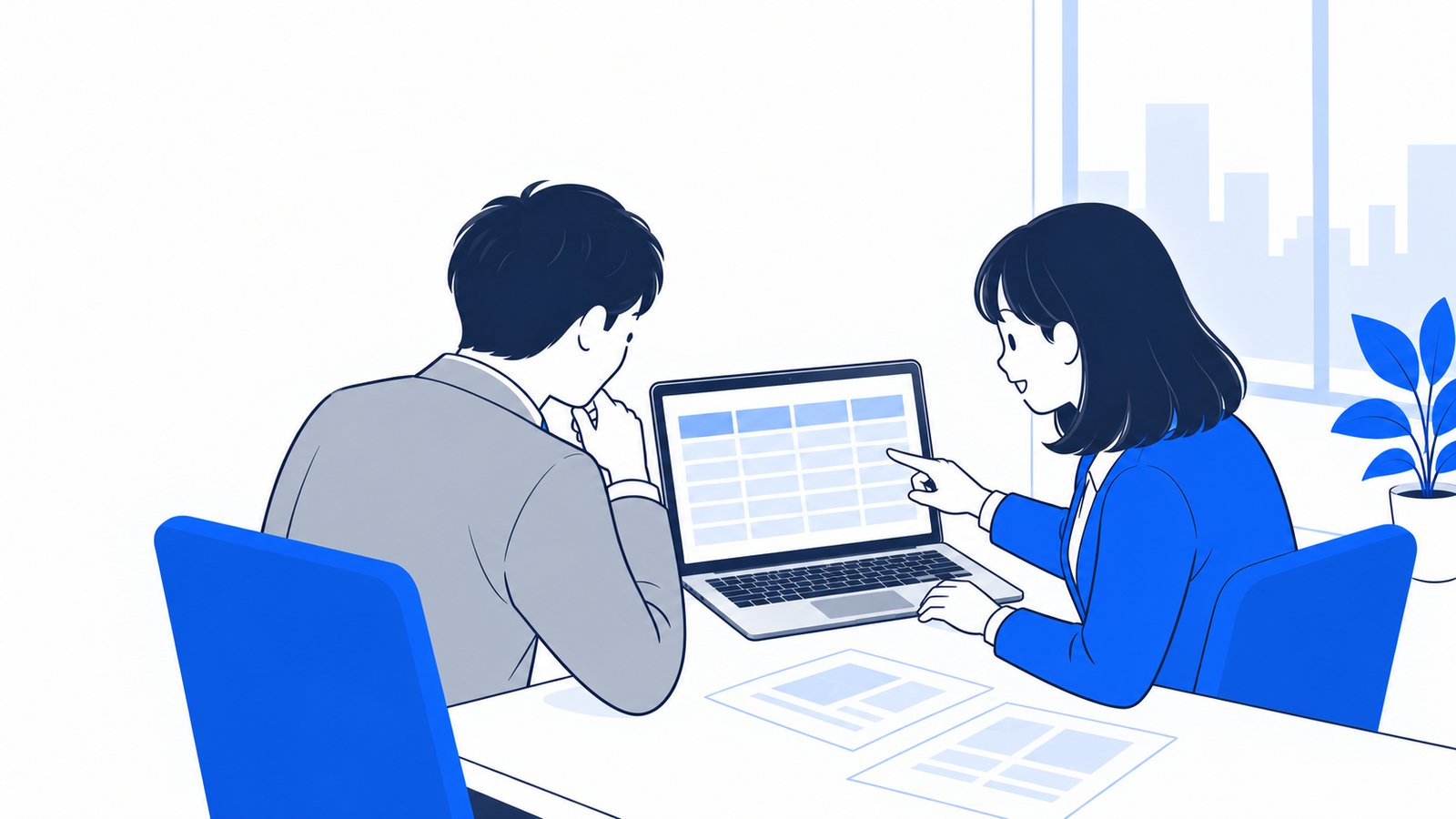 経営者と担当者が席の数と費用を書いた表を見ながら相談している場面。ノートPCは二人の方を向いている